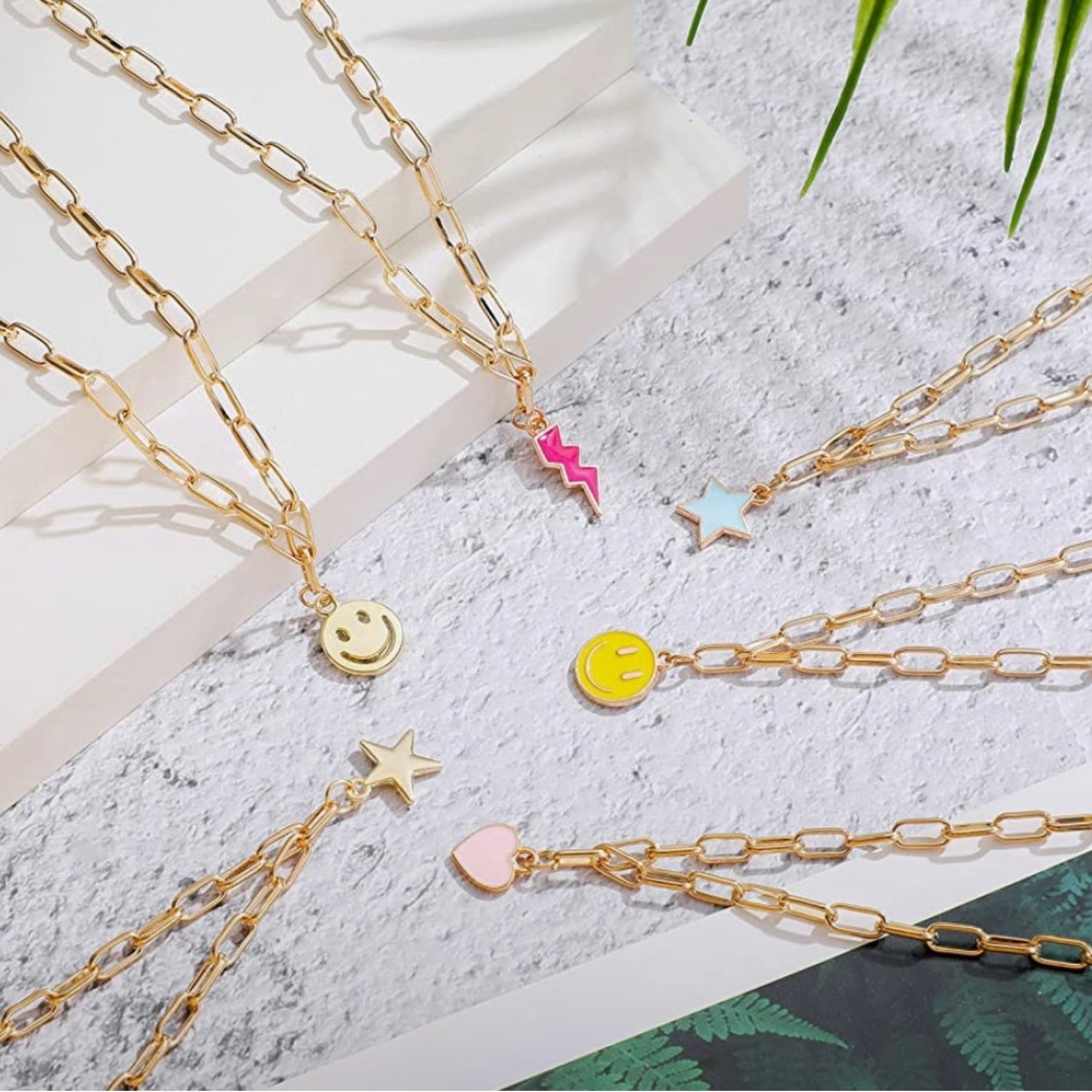 9 Pcs Preppy Necklaces Set Smile Face Trendy Necklaces for Women